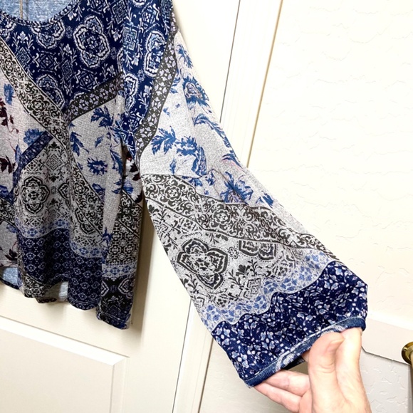 Oneworld Blue Patchwork Boho Peasant Top XL Floral Paisley Long Sleeve - Picture 9 of 11